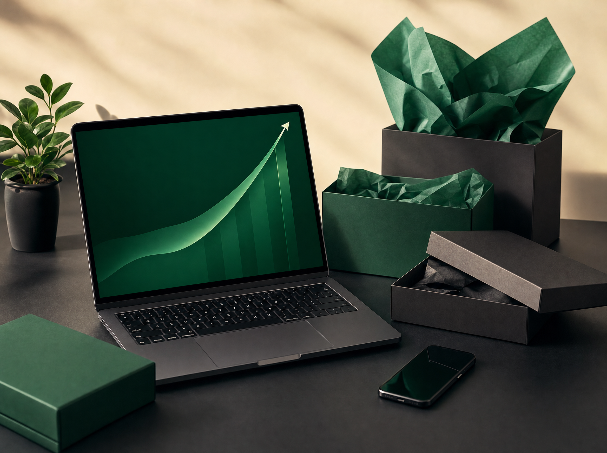 An e-commerce workspace with a laptop showing green growth and product packaging