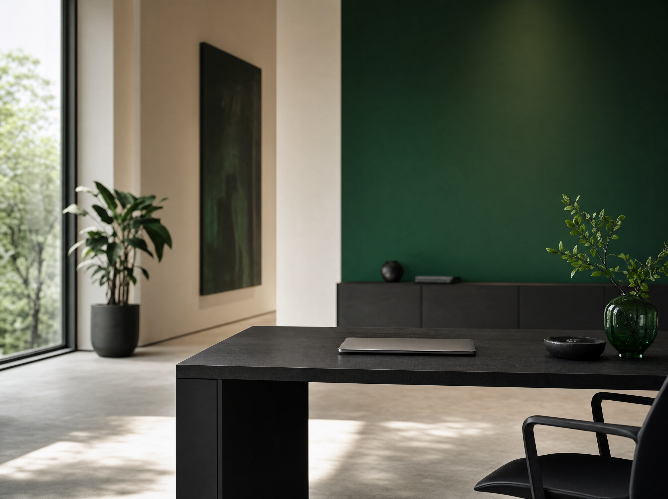 A calm modern studio workspace with a green accent